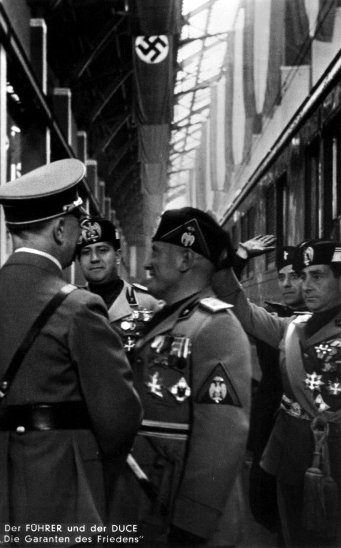 Adolf Hitler meets Benito Mussolini at the Duce's arrival in Munich's train station